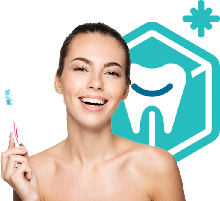 Smiling patient holding a toothbrush beside the CUBE Dental Clinic mark